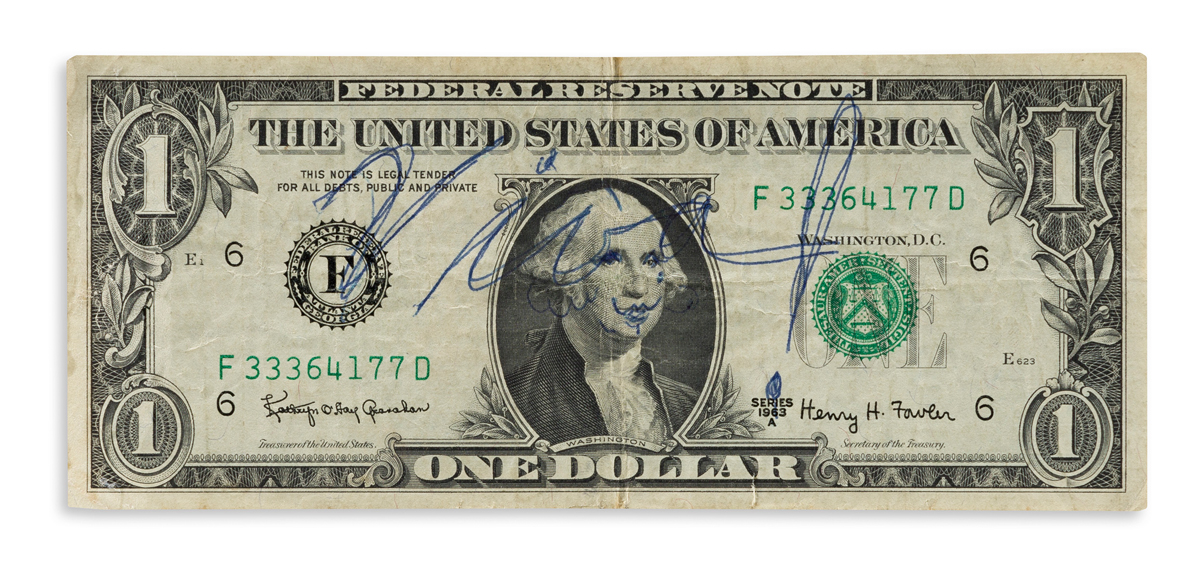 ANDY WARHOL, VIVA (JANET SUSAN MARY HOFFMANN) One dollar bill Signed by both, Andy / Warhol, on verso, and Viva! on recto, with her